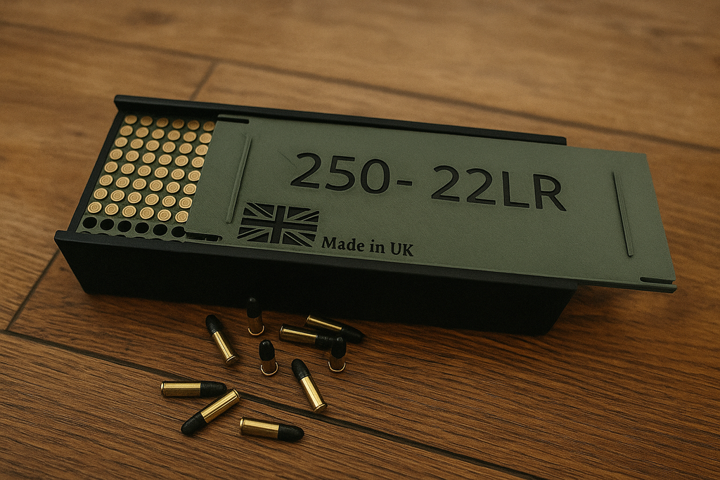 .22LR ( Long Rifle) ammo box- Holds up to 250 rounds.